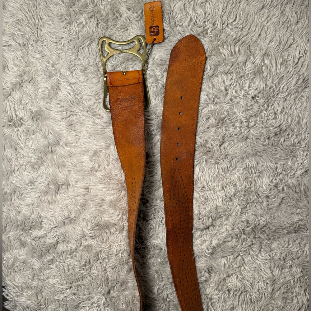 Linea Pelle Vintage Wide Brown Leather Belt Brass Design Large - Picture 13 of 14